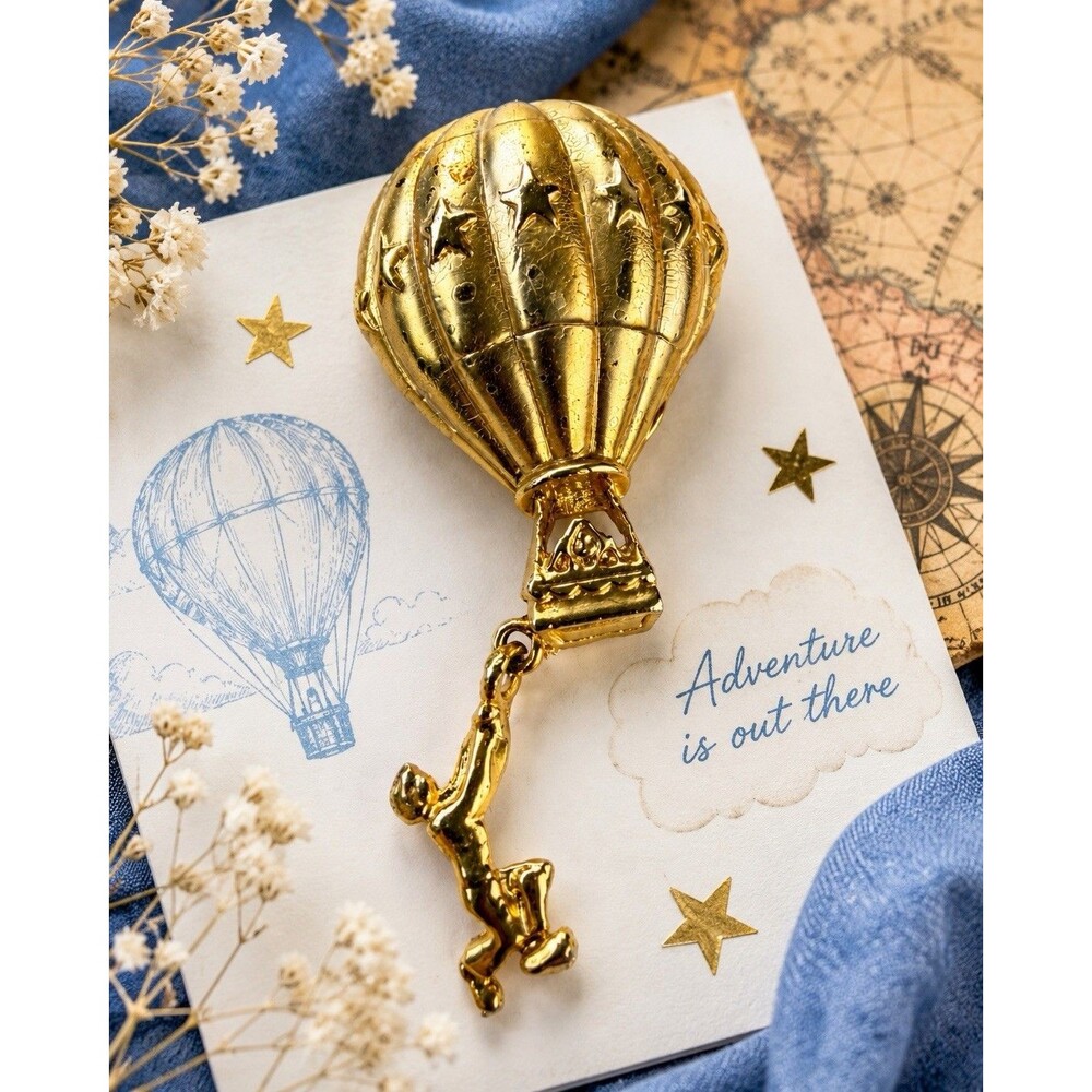 Vintage Signed AJC Hot Air Balloon Brooch Gold Tone Dangling Figure Novelty Pin
